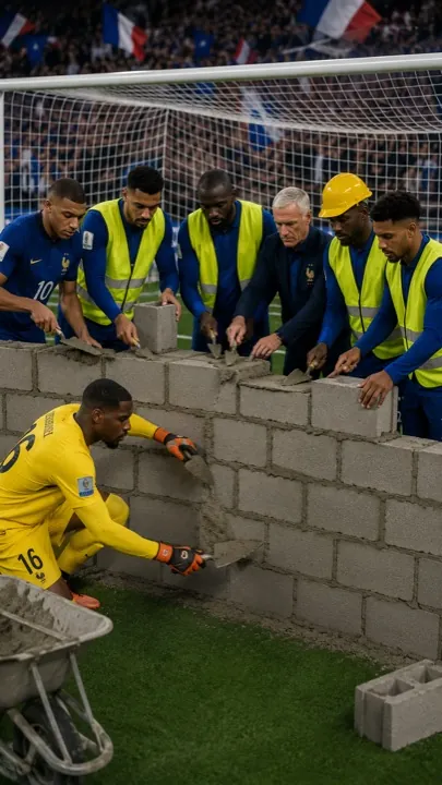 Image IA — footballeurs construisant un mur de parpaings sur la pelouse