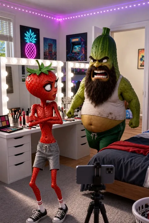 Cartoon IA — personnages fraise et concombre dans une chambre