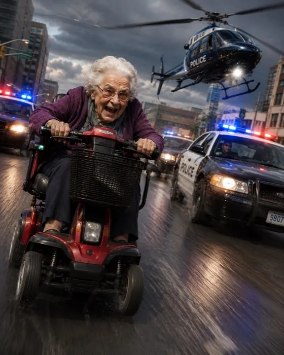 Vidéo IA — grand-mère en scooter poursuivie par la police